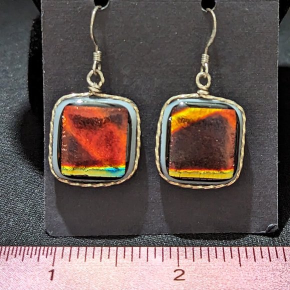 MODERN Fire Red & Yellow Dichroic Sterling Silver Wire-Wrapped Glass Earrings - Picture 2 of 3
